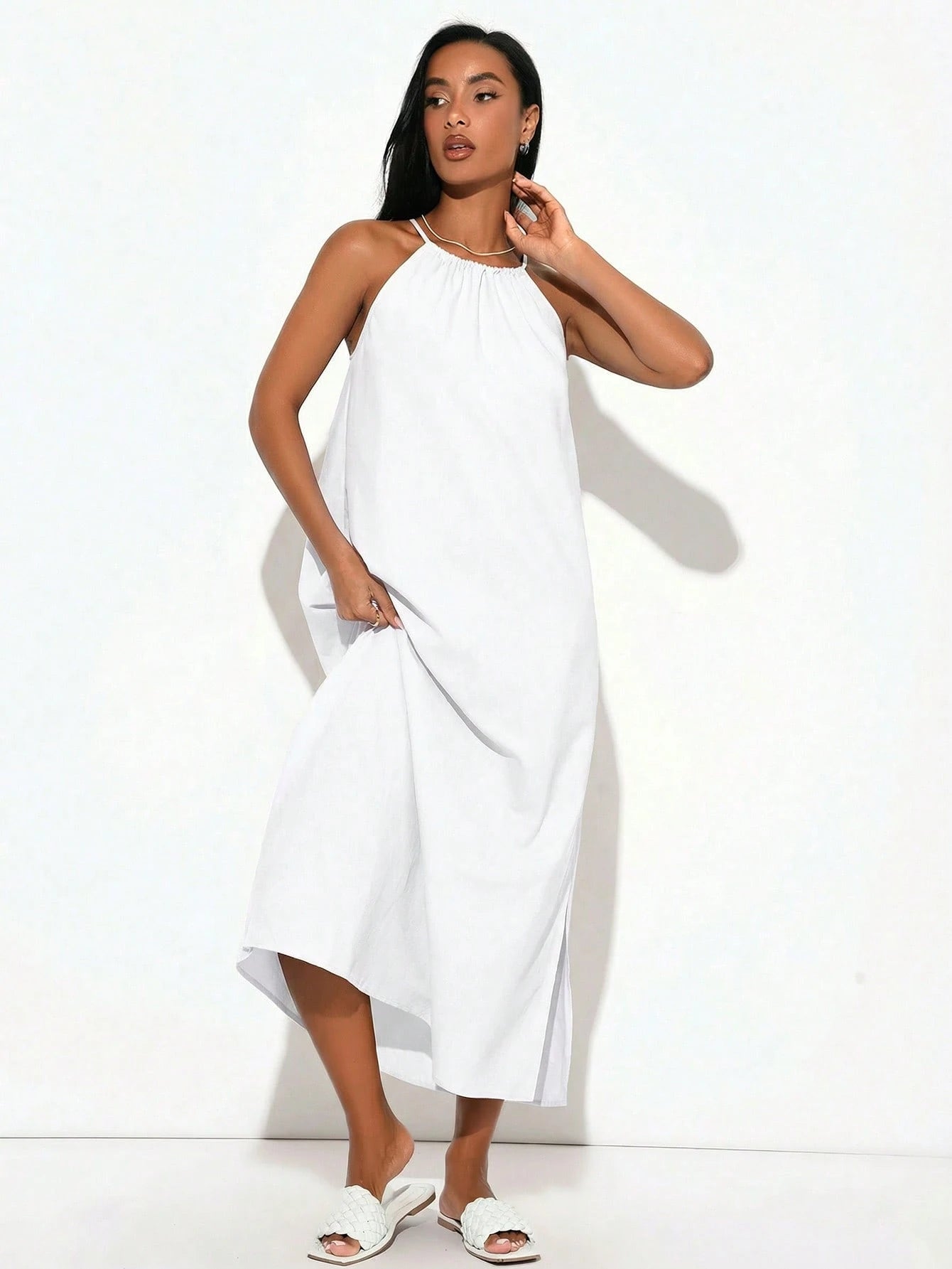BASICS Women's Solid Color Minimalist Woven Halter Neck Side Slit Dress White Dresses Summer Dresses