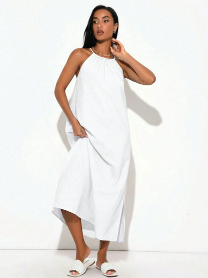 BASICS Women's Solid Color Minimalist Woven Halter Neck Side Slit Dress White Dresses Summer Dresses