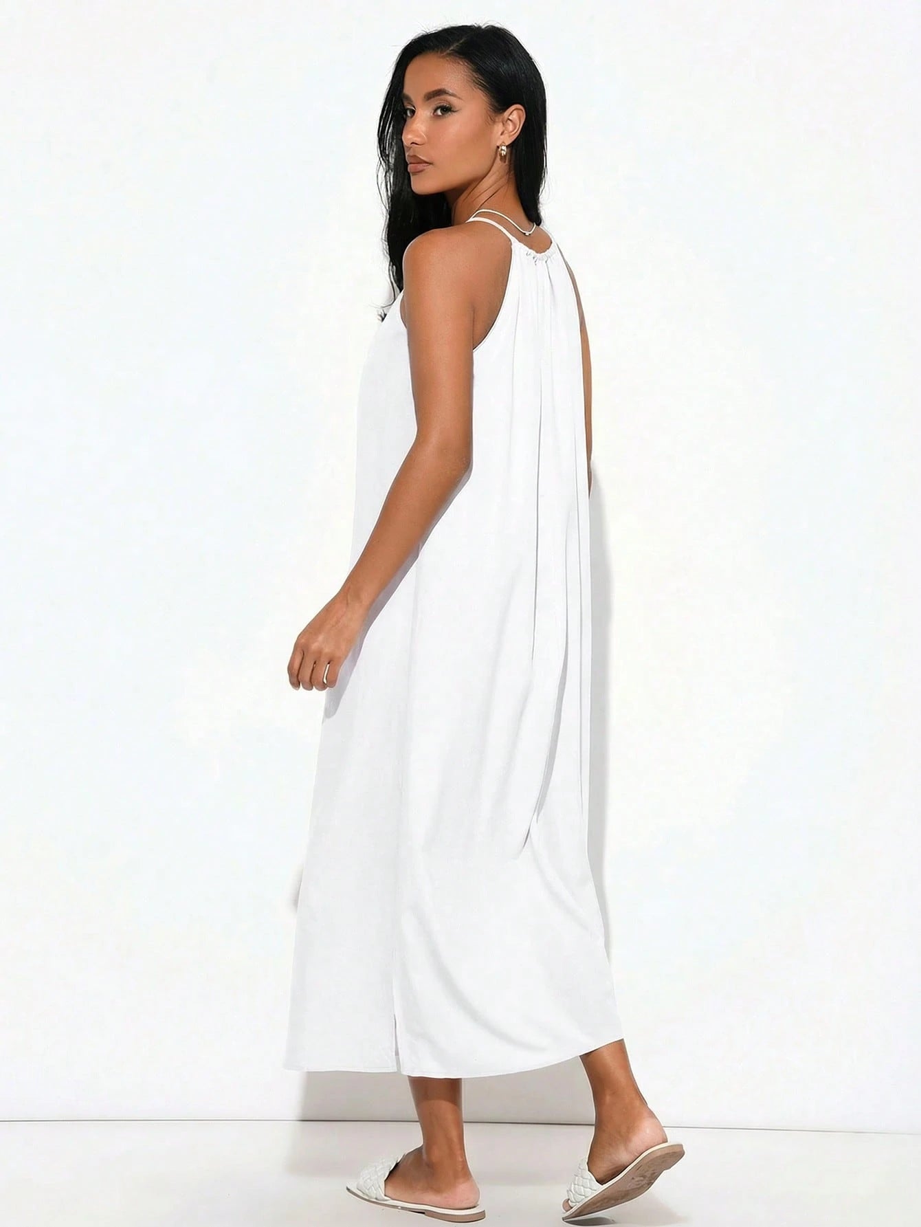 BASICS Women's Solid Color Minimalist Woven Halter Neck Side Slit Dress White Dresses Summer Dresses