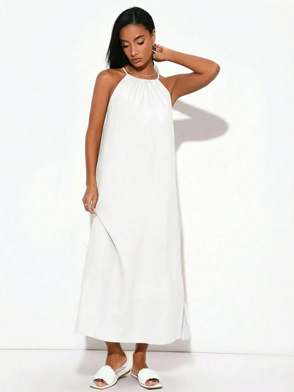 BASICS Women's Solid Color Minimalist Woven Halter Neck Side Slit Dress White Dresses Summer Dresses