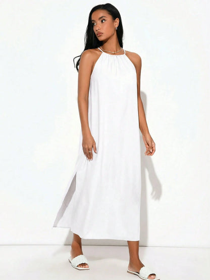 BASICS Women's Solid Color Minimalist Woven Halter Neck Side Slit Dress White Dresses Summer Dresses