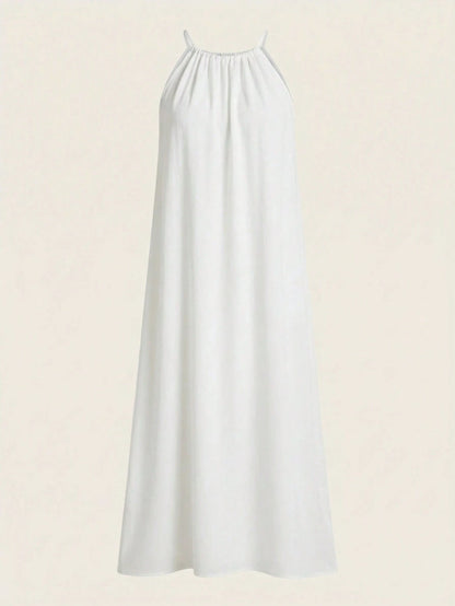 BASICS Women's Solid Color Minimalist Woven Halter Neck Side Slit Dress White Dresses Summer Dresses