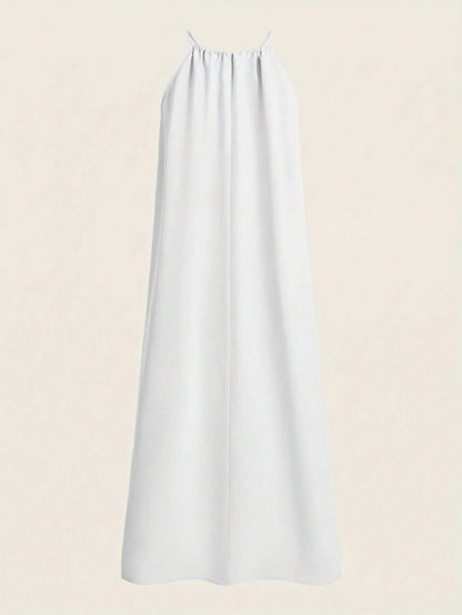 BASICS Women's Solid Color Minimalist Woven Halter Neck Side Slit Dress White Dresses Summer Dresses