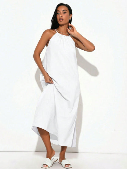 BASICS Women's Solid Color Minimalist Woven Halter Neck Side Slit Dress White Dresses Summer Dresses