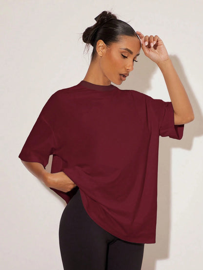 BASICS Women's Solid Color Round Neck Drop Shoulder Short Sleeve Casual Loose Versatile T-Shirt Summer Tops Everyday Daytime Going Out Burgundy