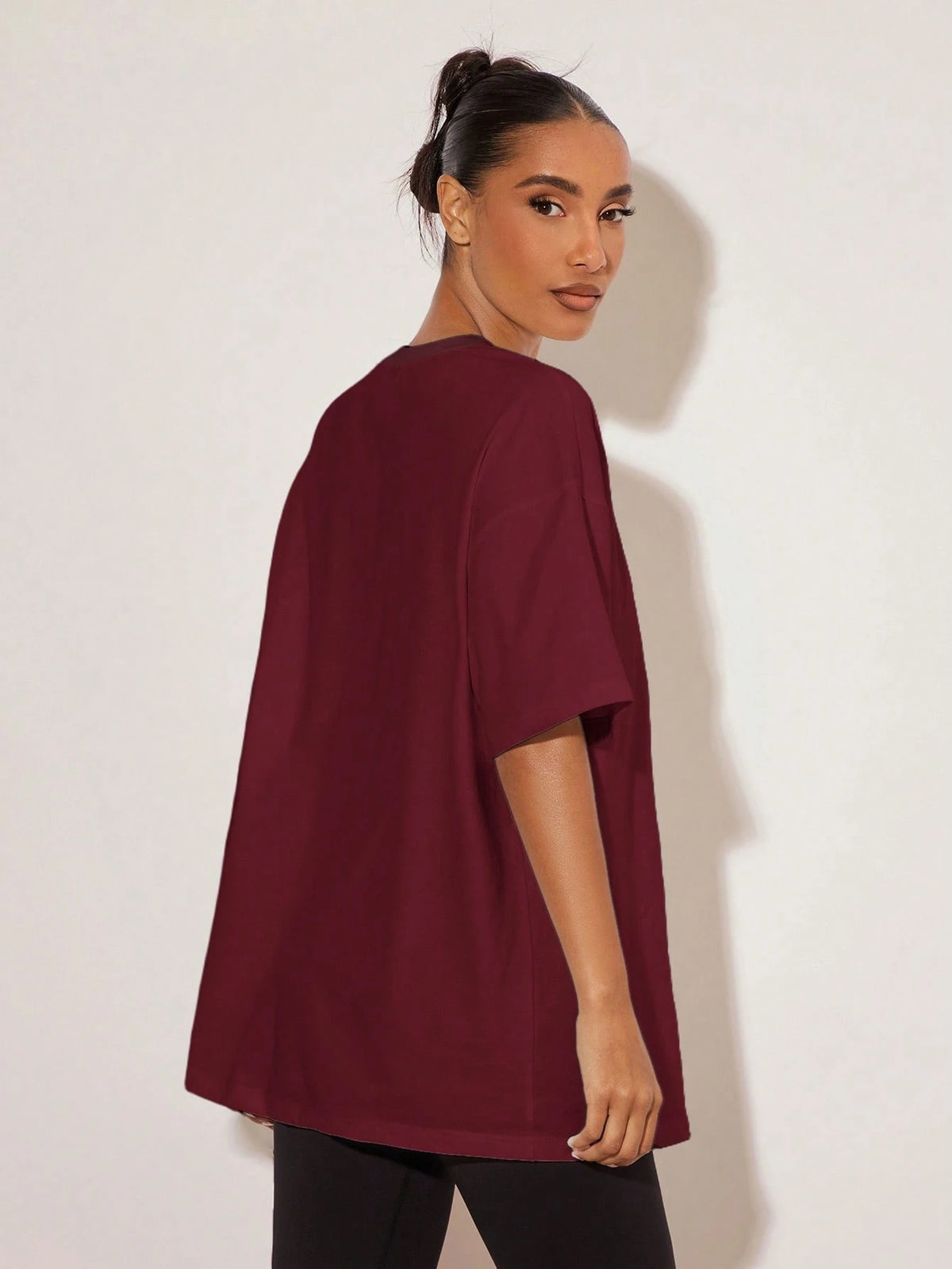 BASICS Women's Solid Color Round Neck Drop Shoulder Short Sleeve Casual Loose Versatile T-Shirt Summer Tops Everyday Daytime Going Out Burgundy