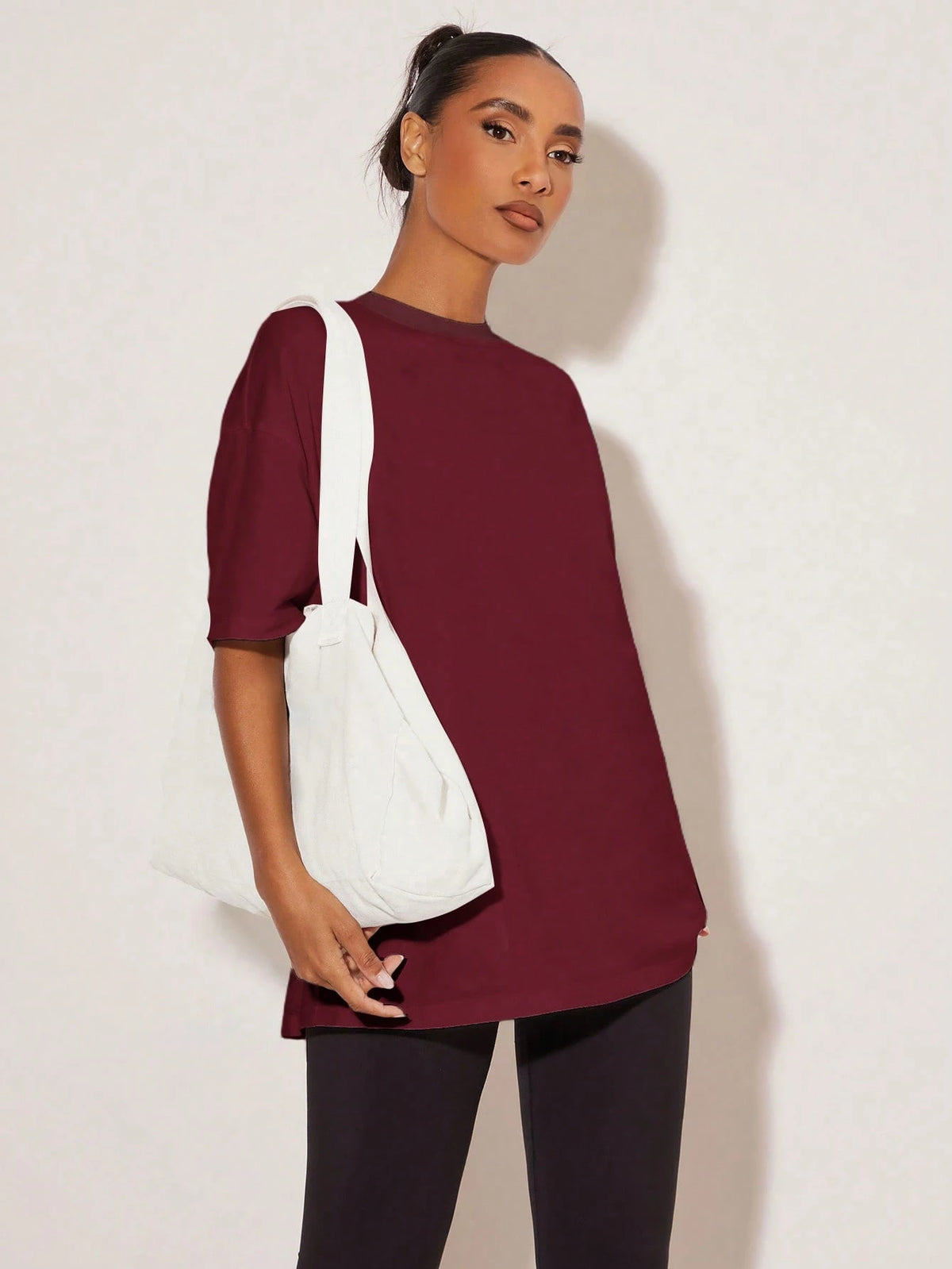 BASICS Women's Solid Color Round Neck Drop Shoulder Short Sleeve Casual Loose Versatile T-Shirt Summer Tops Everyday Daytime Going Out Burgundy