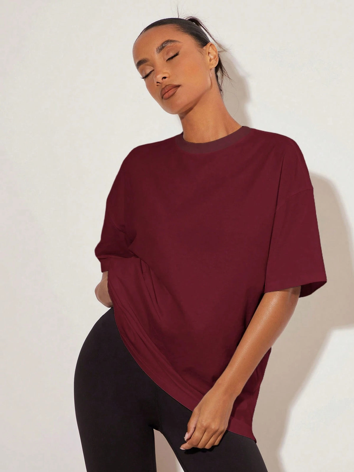 BASICS Women's Solid Color Round Neck Drop Shoulder Short Sleeve Casual Loose Versatile T-Shirt Summer Tops Everyday Daytime Going Out Burgundy
