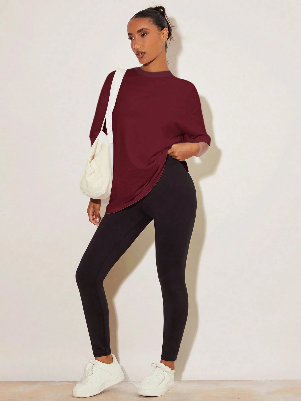 BASICS Women's Solid Color Round Neck Drop Shoulder Short Sleeve Casual Loose Versatile T-Shirt Summer Tops Everyday Daytime Going Out Burgundy