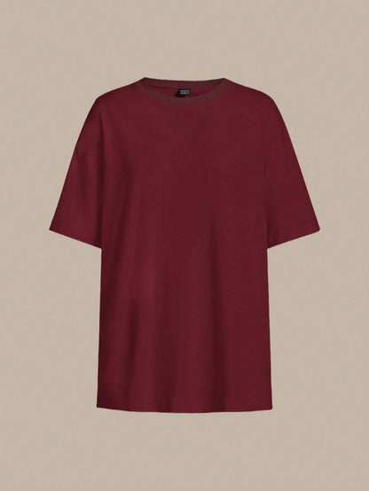 BASICS Women's Solid Color Round Neck Drop Shoulder Short Sleeve Casual Loose Versatile T-Shirt Summer Tops Everyday Daytime Going Out Burgundy