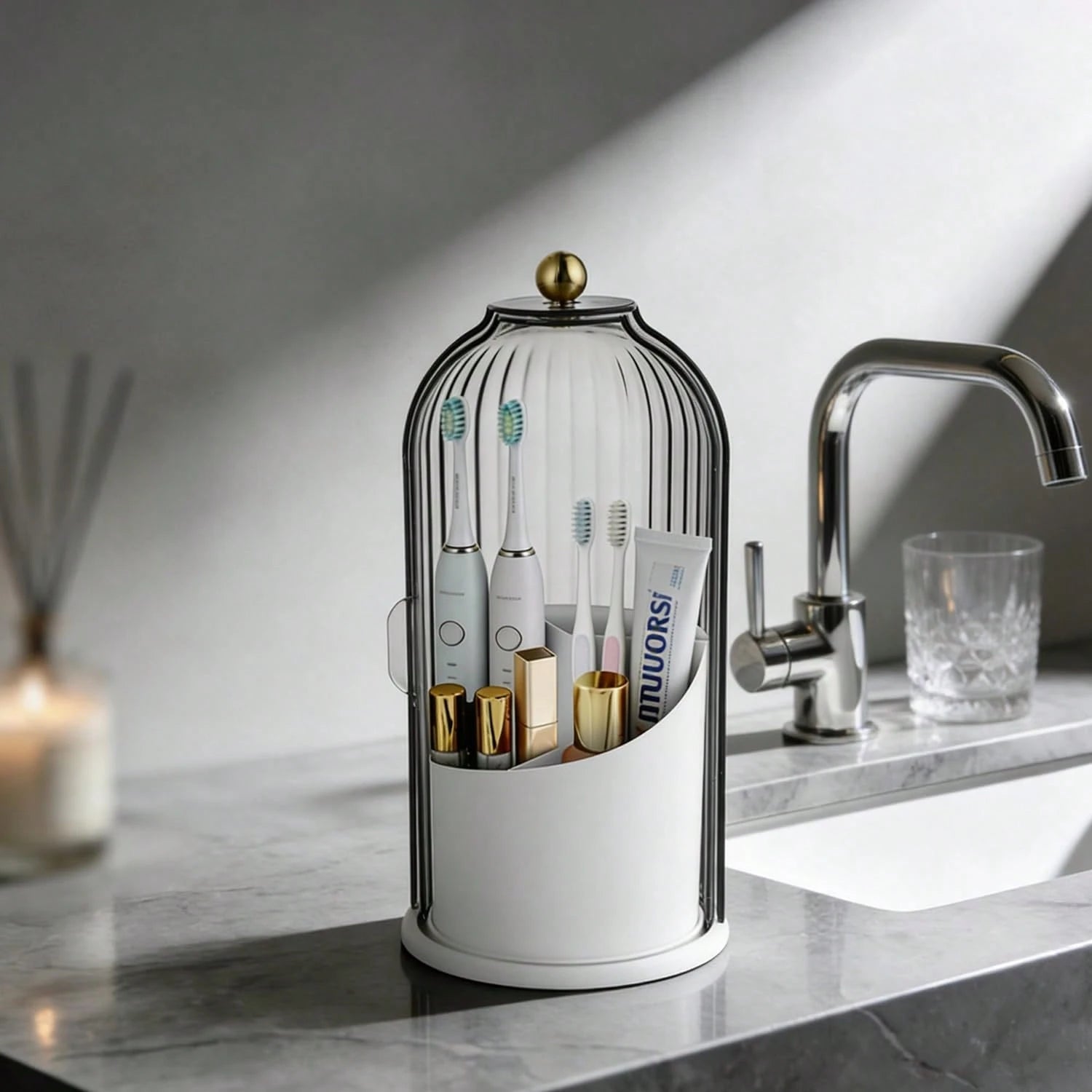 Bathroom Toothbrush Holder Organizer, 360° Rotating Toothbrush Storage Caddy With Dustproof Cover, Countertop Toothpaste Holder For Electric Toothbrushes, Makeup Brushes
