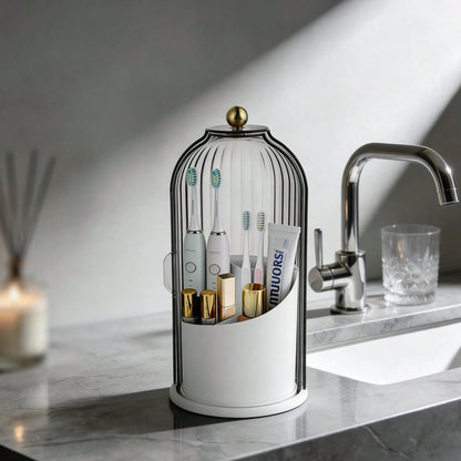 Bathroom Toothbrush Holder Organizer, 360° Rotating Toothbrush Storage Caddy With Dustproof Cover, Countertop Toothpaste Holder For Electric Toothbrushes, Makeup Brushes