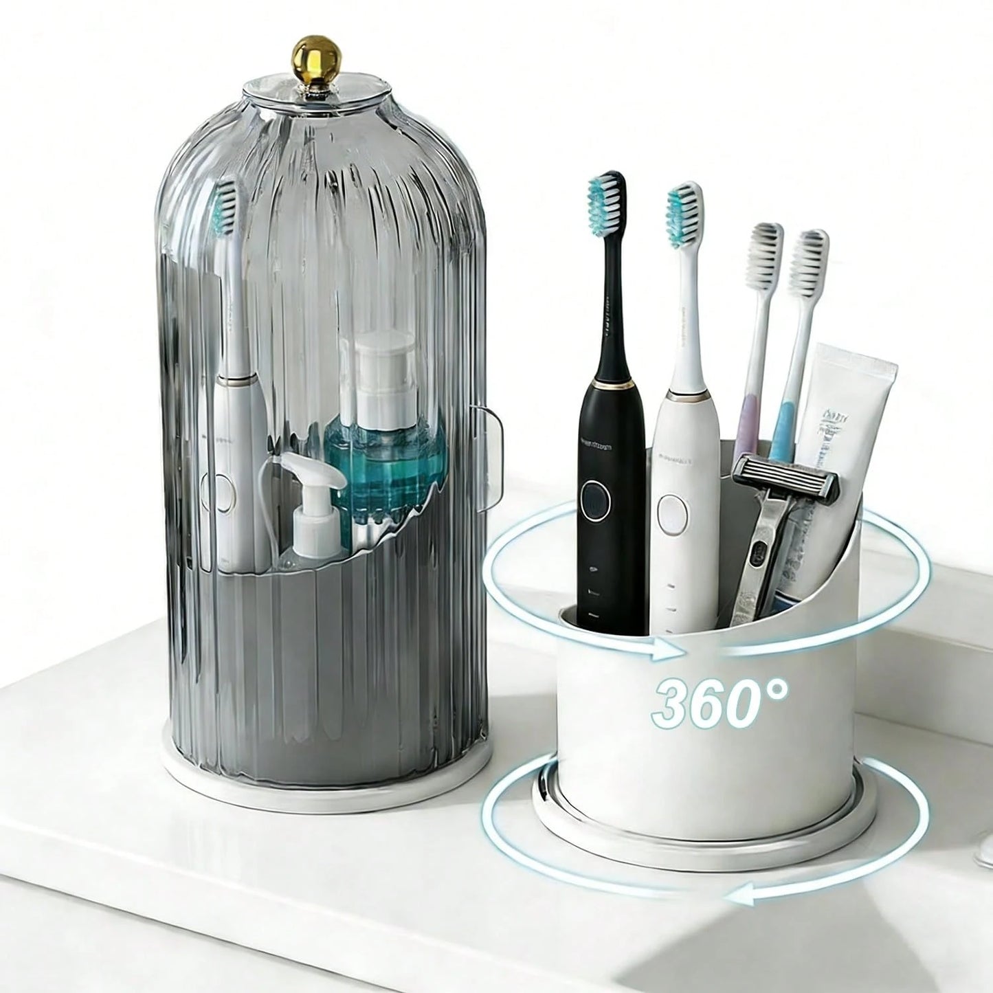 Bathroom Toothbrush Holder Organizer, 360° Rotating Toothbrush Storage Caddy With Dustproof Cover, Countertop Toothpaste Holder For Electric Toothbrushes, Makeup Brushes