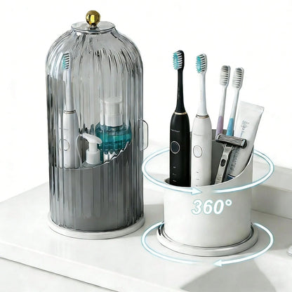 Bathroom Toothbrush Holder Organizer, 360° Rotating Toothbrush Storage Caddy With Dustproof Cover, Countertop Toothpaste Holder For Electric Toothbrushes, Makeup Brushes