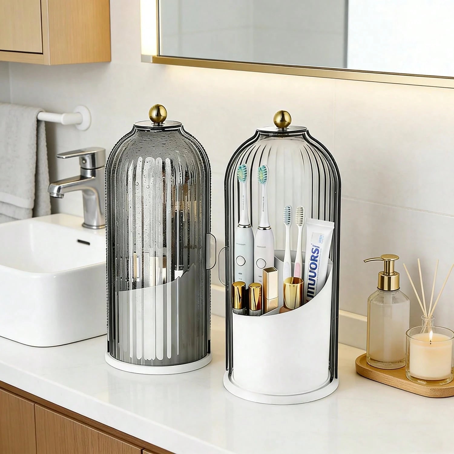 Bathroom Toothbrush Holder Organizer, 360° Rotating Toothbrush Storage Caddy With Dustproof Cover, Countertop Toothpaste Holder For Electric Toothbrushes, Makeup Brushes