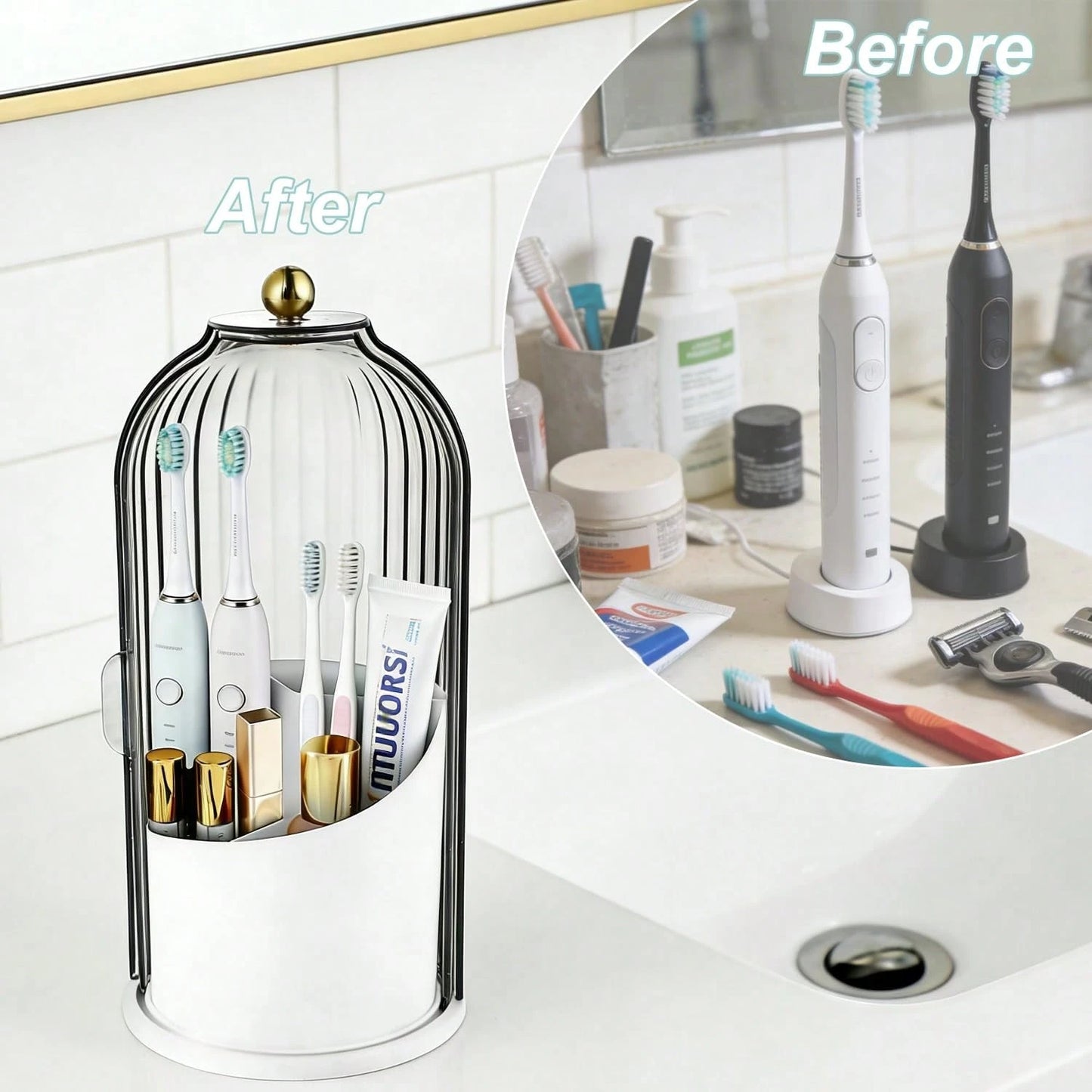 Bathroom Toothbrush Holder Organizer, 360° Rotating Toothbrush Storage Caddy With Dustproof Cover, Countertop Toothpaste Holder For Electric Toothbrushes, Makeup Brushes