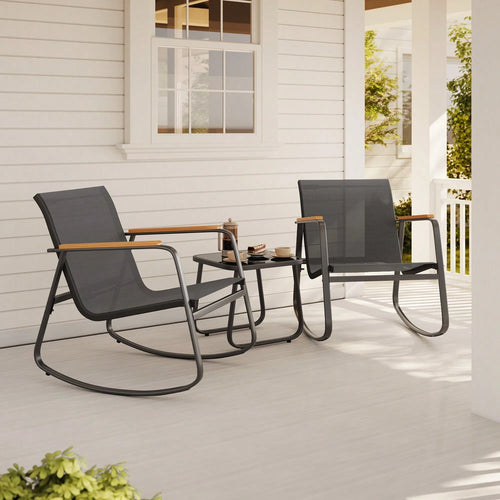 Bealife Outdoor Bistro Set 3-Piece – Rattan Rocking Chairs With Coffee Table, All-Weather Patio Furniture For Balcony & Garden