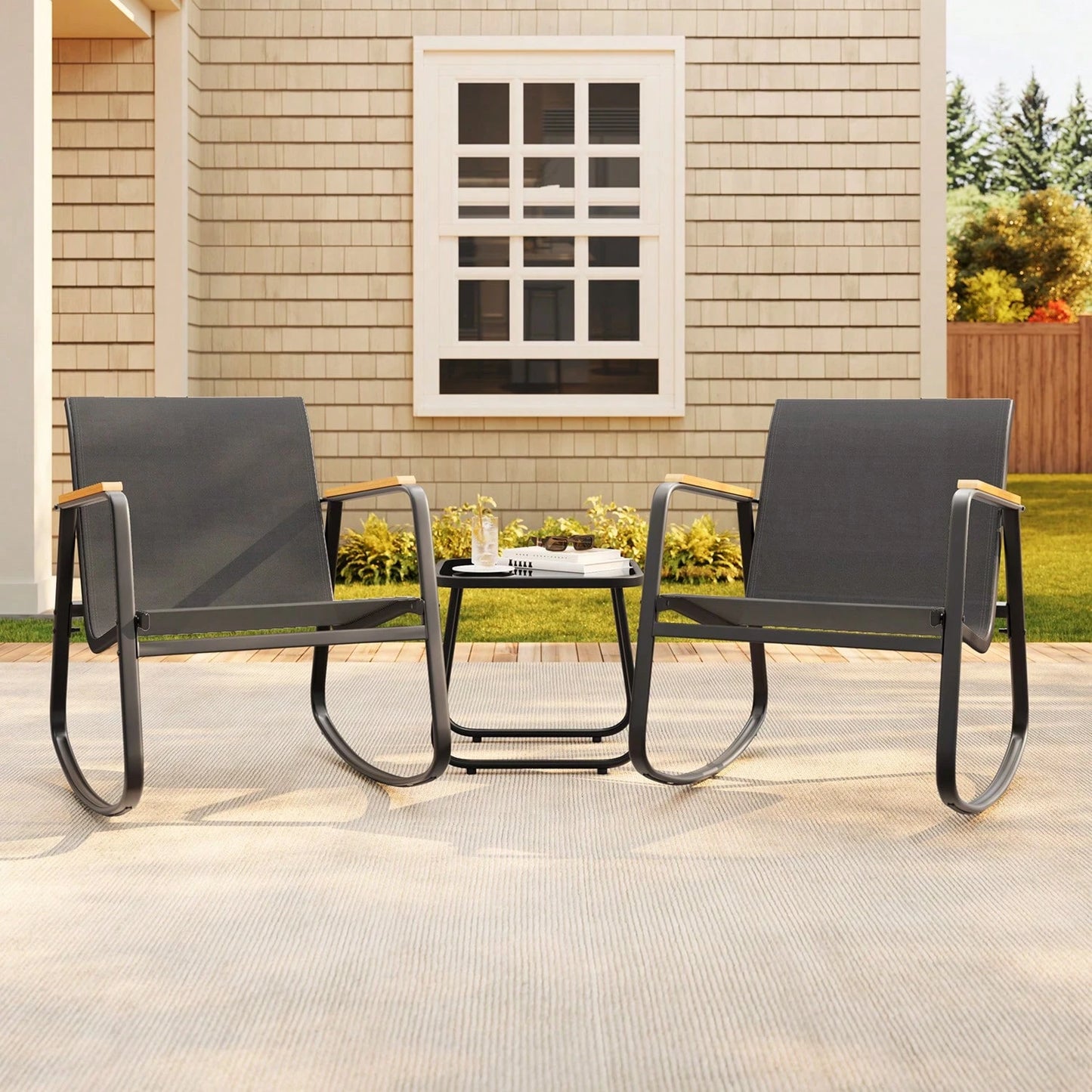 Bealife Outdoor Bistro Set 3-Piece – Rattan Rocking Chairs With Coffee Table, All-Weather Patio Furniture For Balcony & Garden