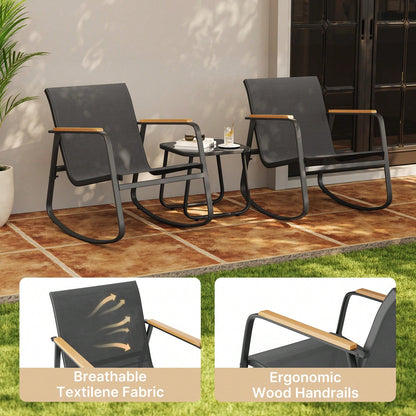 Bealife Outdoor Bistro Set 3-Piece – Rattan Rocking Chairs With Coffee Table, All-Weather Patio Furniture For Balcony & Garden
