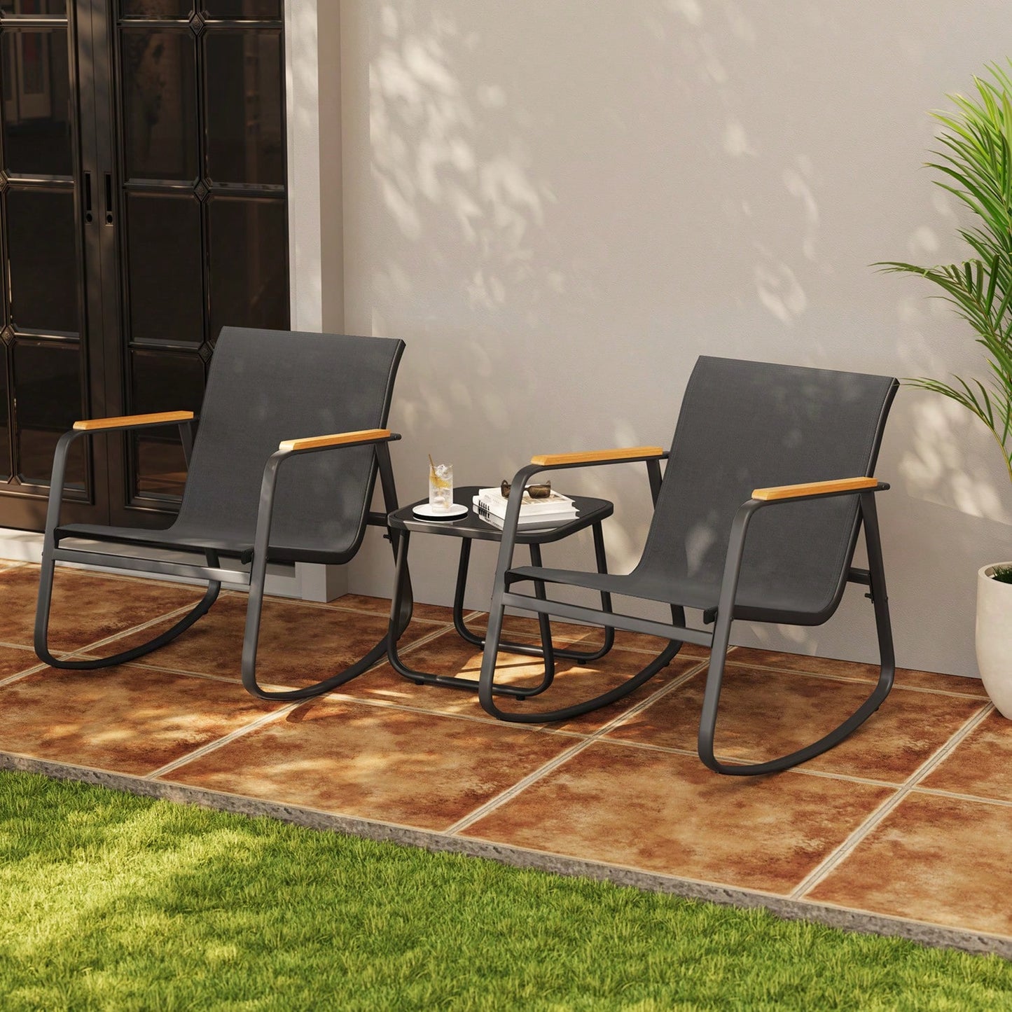Bealife Outdoor Bistro Set 3-Piece – Rattan Rocking Chairs With Coffee Table, All-Weather Patio Furniture For Balcony & Garden