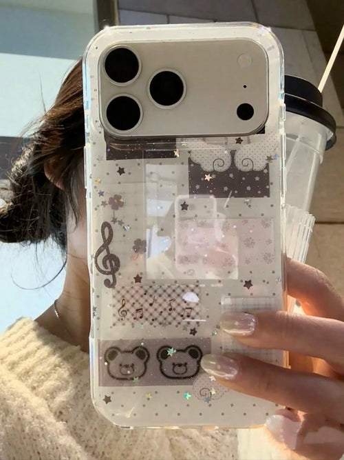 Bear Element Luxury Silicone Sparkling Rhinestone Fashion Musical Star Holographic Glitter Bear Wing Phone Premium Case Compatible With Apple 16/17 Pro Max/ 15 Pro, Protective Cover Compatible With IP