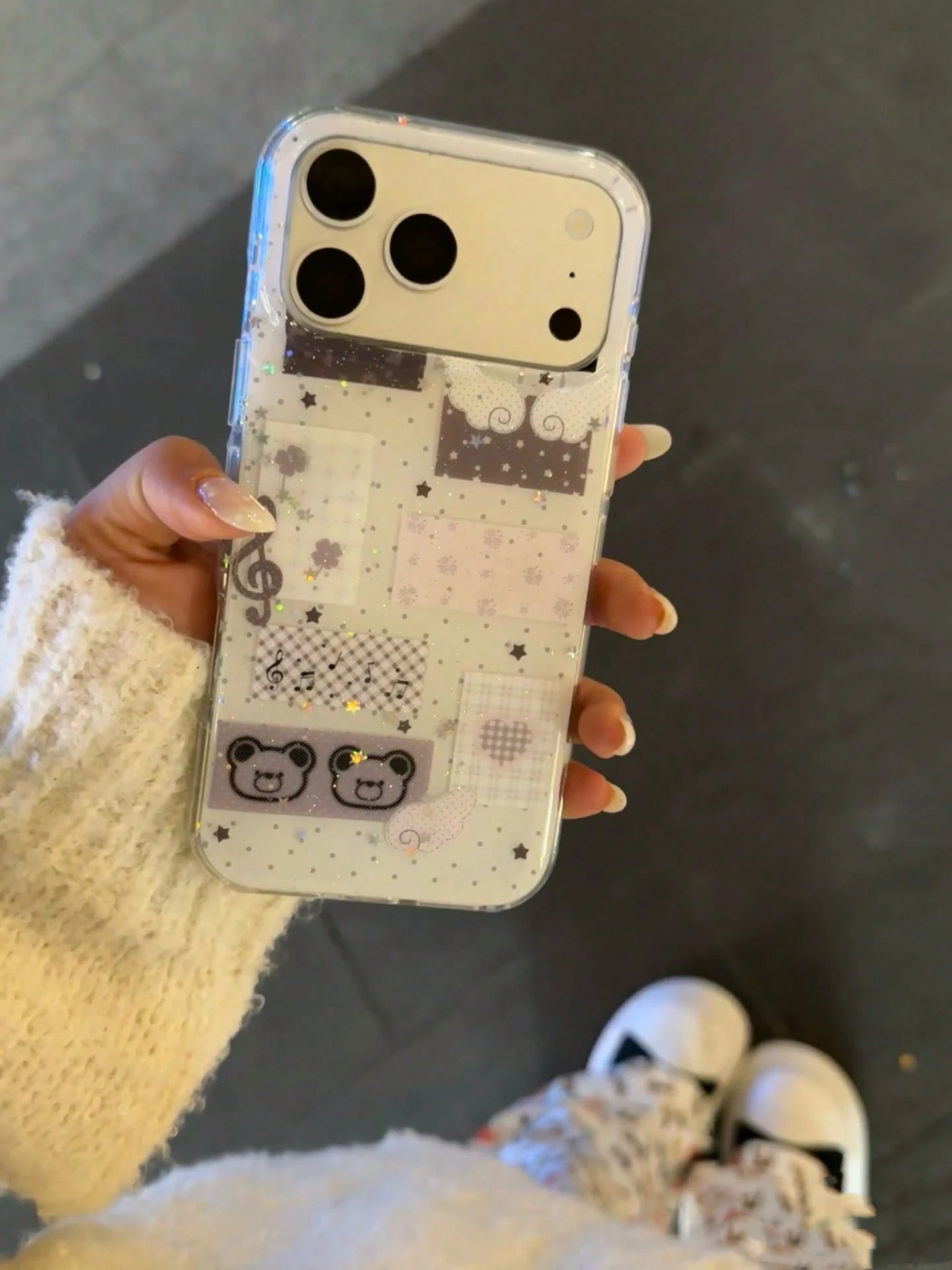 Bear Element Luxury Silicone Sparkling Rhinestone Fashion Musical Star Holographic Glitter Bear Wing Phone Premium Case Compatible With Apple 16/17 Pro Max/ 15 Pro, Protective Cover Compatible With IP