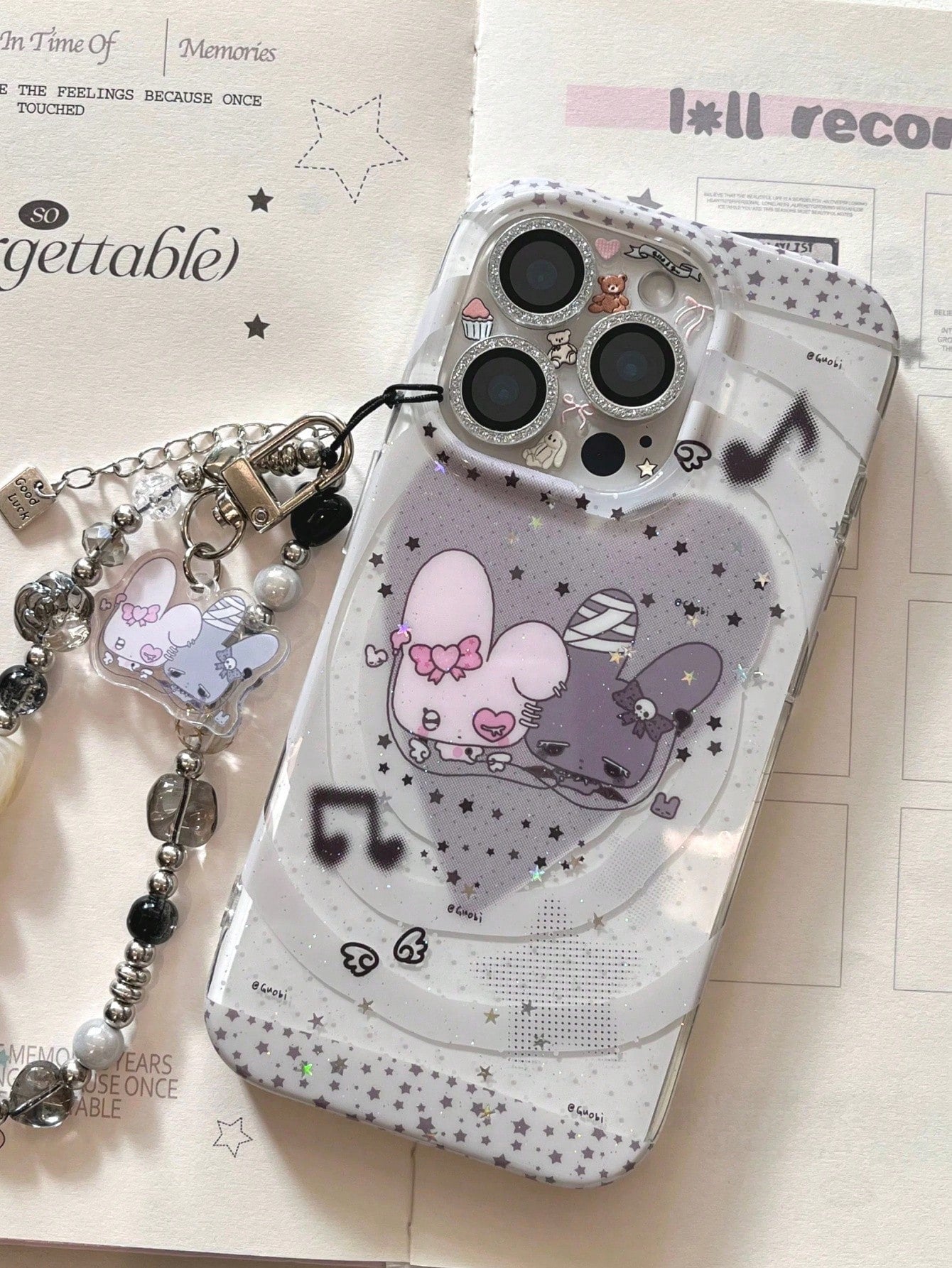 Bear Element Luxury Silicone Sparkling Rhinestone Fashion Musical Star Holographic Glitter Bear Wing Phone Premium Case Compatible With Apple 16/17 Pro Max/ 15 Pro, Protective Cover Compatible With IP