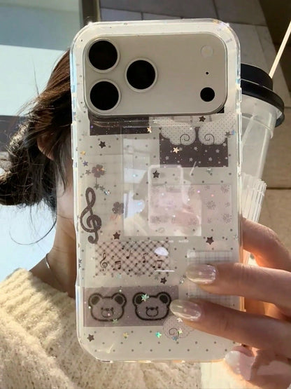 Bear Element Luxury Silicone Sparkling Rhinestone Fashion Musical Star Holographic Glitter Bear Wing Phone Premium Case Compatible With Apple 16/17 Pro Max/ 15 Pro, Protective Cover Compatible With IP