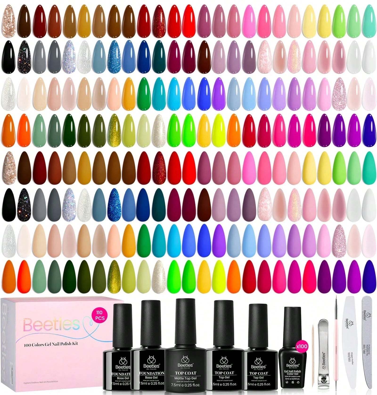 BEETLES 110 PCS 100 Colors 5ML Gel Polish Kit Nail Nook Gel Nail Polish Set- Base Glossy Matte Glitter Top Coat Glitter Pearl Cat Eye White Red Pink Nude Uv Led Nails Easter Gift For Women