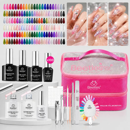 BEETLES 110 PCS 100 Colors 5ML Gel Polish Kit Nail Nook Gel Nail Polish Set- Base Glossy Matte Glitter Top Coat Glitter Pearl Cat Eye White Red Pink Nude Uv Led Nails Easter Gift For Women