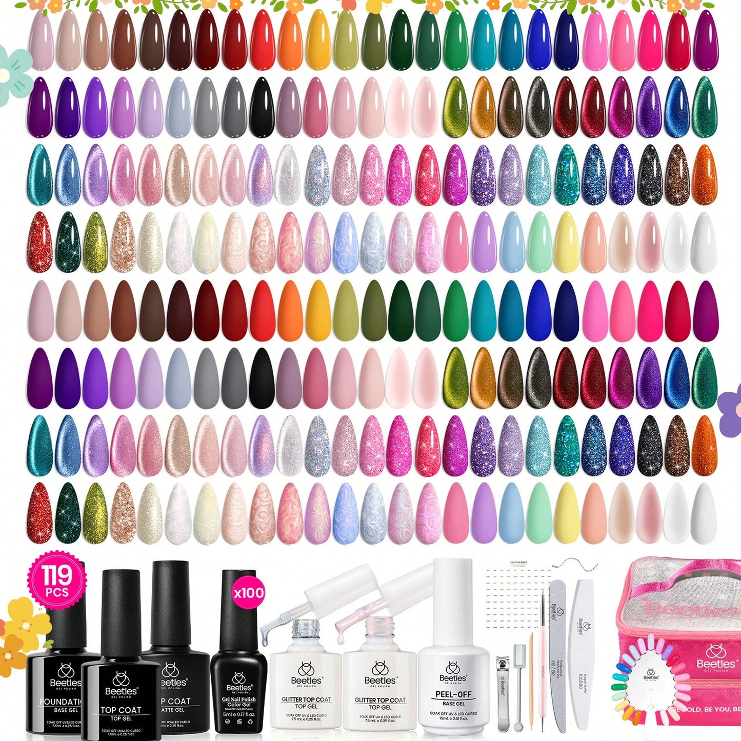 BEETLES 110 PCS 100 Colors 5ML Gel Polish Kit Nail Nook Gel Nail Polish Set- Base Glossy Matte Glitter Top Coat Glitter Pearl Cat Eye White Red Pink Nude Uv Led Nails Easter Gift For Women
