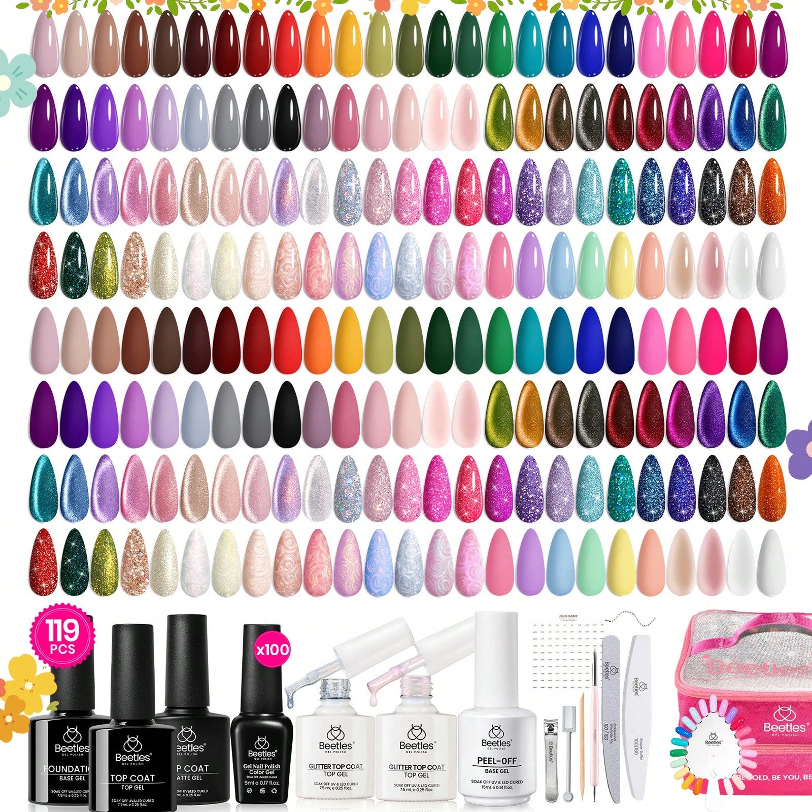 BEETLES 110 PCS 100 Colors 5ML Gel Polish Kit Nail Nook Gel Nail Polish Set- Base Glossy Matte Glitter Top Coat Glitter Pearl Cat Eye White Red Pink Nude Uv Led Nails Easter Gift For Women