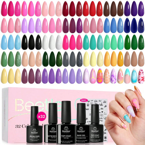Beetles 32 Colors Spring Gel Polish Set- Purple Orange Red Brown Black White Blue Nude Green All Seasons Kit With Base Top Coat, UV LED Needed, Gifts For Women Fingertips Canvas