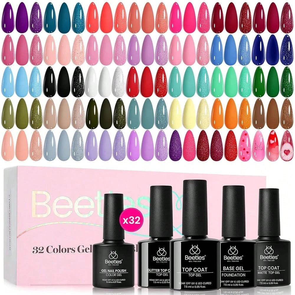 Beetles 32 Colors Spring Gel Polish Set- Purple Orange Red Brown Black White Blue Nude Green All Seasons Kit With Base Top Coat, UV LED Needed, Gifts For Women Fingertips Canvas