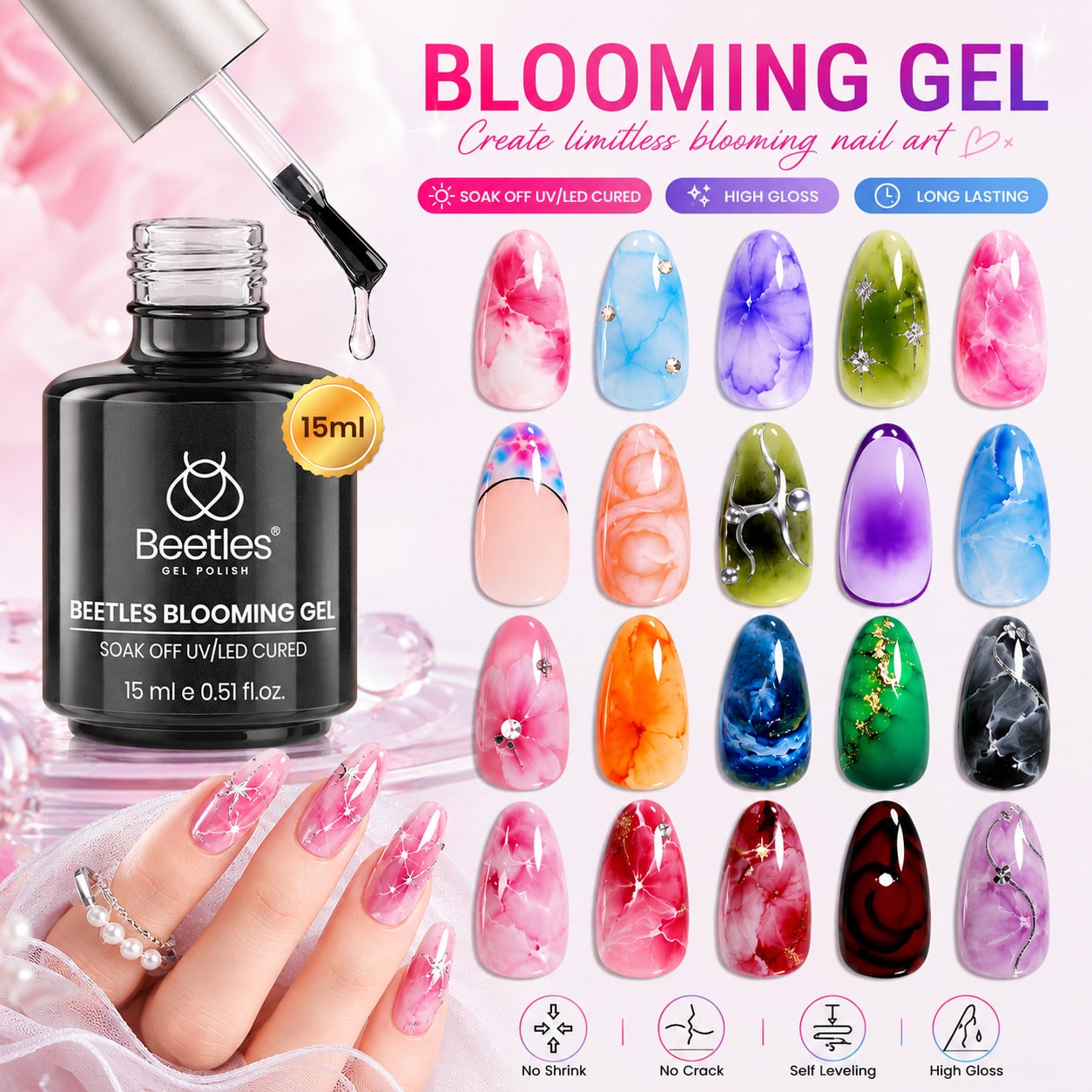 Beetles Blooming Gel 15ml Clear Uv Led Blossom Nails Gel Polish For Spreading Effect Marble Natural Stone Watercolor Floral Print Soak Off Diy Nail Art Design Manicure Gift For Women