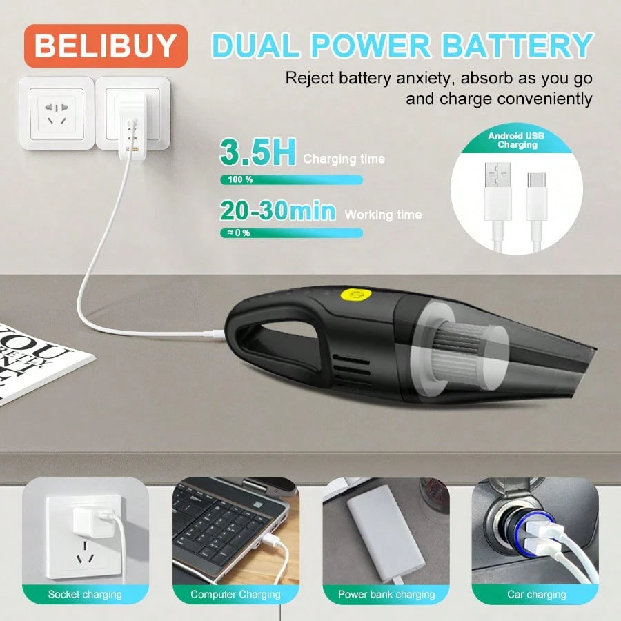 belibuy Portable Handheld Cordless Vacuum Cleaner, Pet Hair Vacuum Cleaner, USB Rechargeable, Suitable For Carpets, Sofas, Stairs, Car Maintenance, With Reusable Filter.