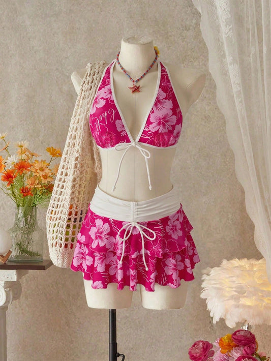 Bellisia Women's Summer Beach Music Festival Flower Pattern Skirt Halter Casual Vacation Style Bikini 3-Piece Set