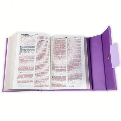 Biblia Cartera Con Broche Magnético Compacta RV1960, Imit Piel Morado Con Asa De Mano