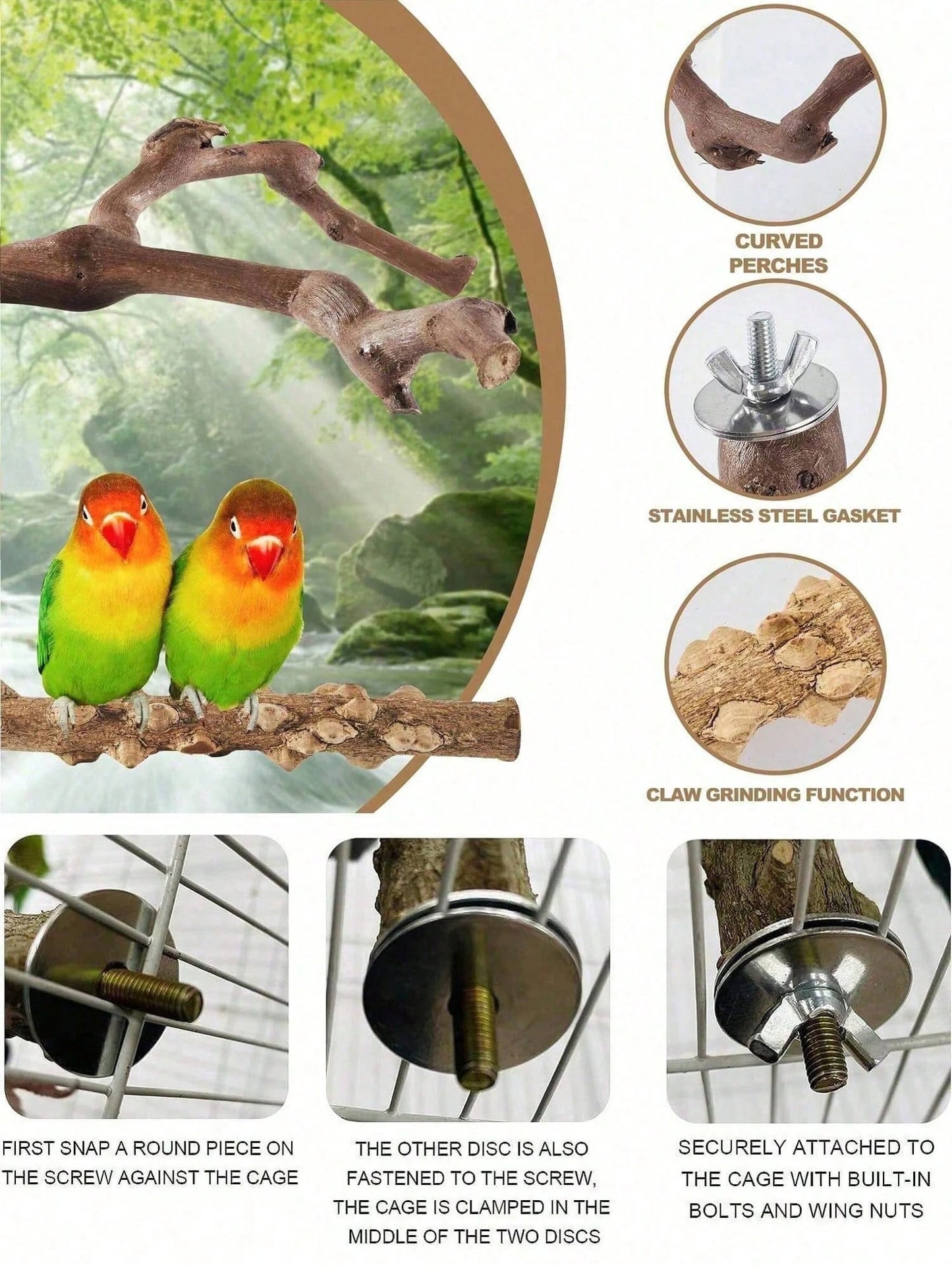 Bird Supplies Bird Cage Accessories Toys 5pcs Parrot Perch Set 3 Grapevine Perches 2 Stands Claw-Shaped Frosted Parrot Chewing Training Branch Suitable For Parrots, Medium And Small Birds Holiday Gift