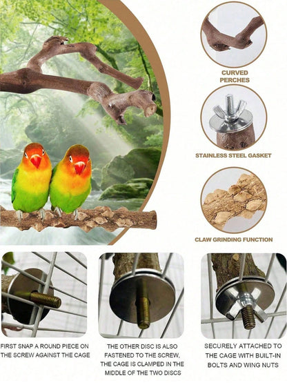 Bird Supplies Bird Cage Accessories Toys 5pcs Parrot Perch Set 3 Grapevine Perches 2 Stands Claw-Shaped Frosted Parrot Chewing Training Branch Suitable For Parrots, Medium And Small Birds Holiday Gift