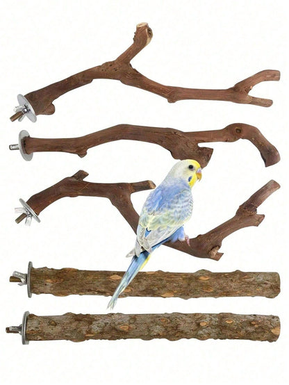 Bird Supplies Bird Cage Accessories Toys 5pcs Parrot Perch Set 3 Grapevine Perches 2 Stands Claw-Shaped Frosted Parrot Chewing Training Branch Suitable For Parrots, Medium And Small Birds Holiday Gift