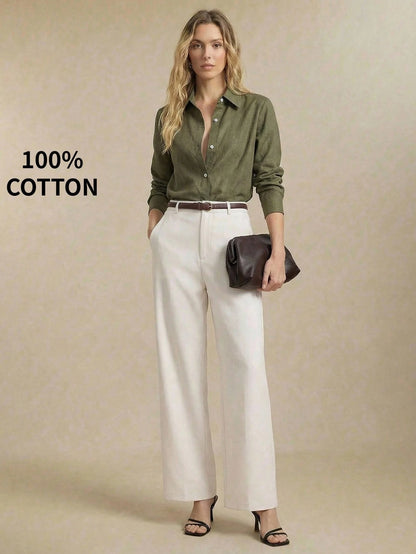 BizChic Bean Green Women's Shirt, Spring Lapel Front Opening Single-Breasted Button Long Sleeve, Professional Crisp Style, Wear Alone Or Layered, Elegant Minimalist Casual Commute Date Daily Vacation