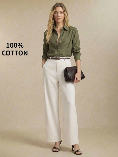 BizChic Bean Green Women's Shirt, Spring Lapel Front Opening Single-Breasted Button Long Sleeve, Professional Crisp Style, Wear Alone Or Layered, Elegant Minimalist Casual Commute Date Daily Vacation