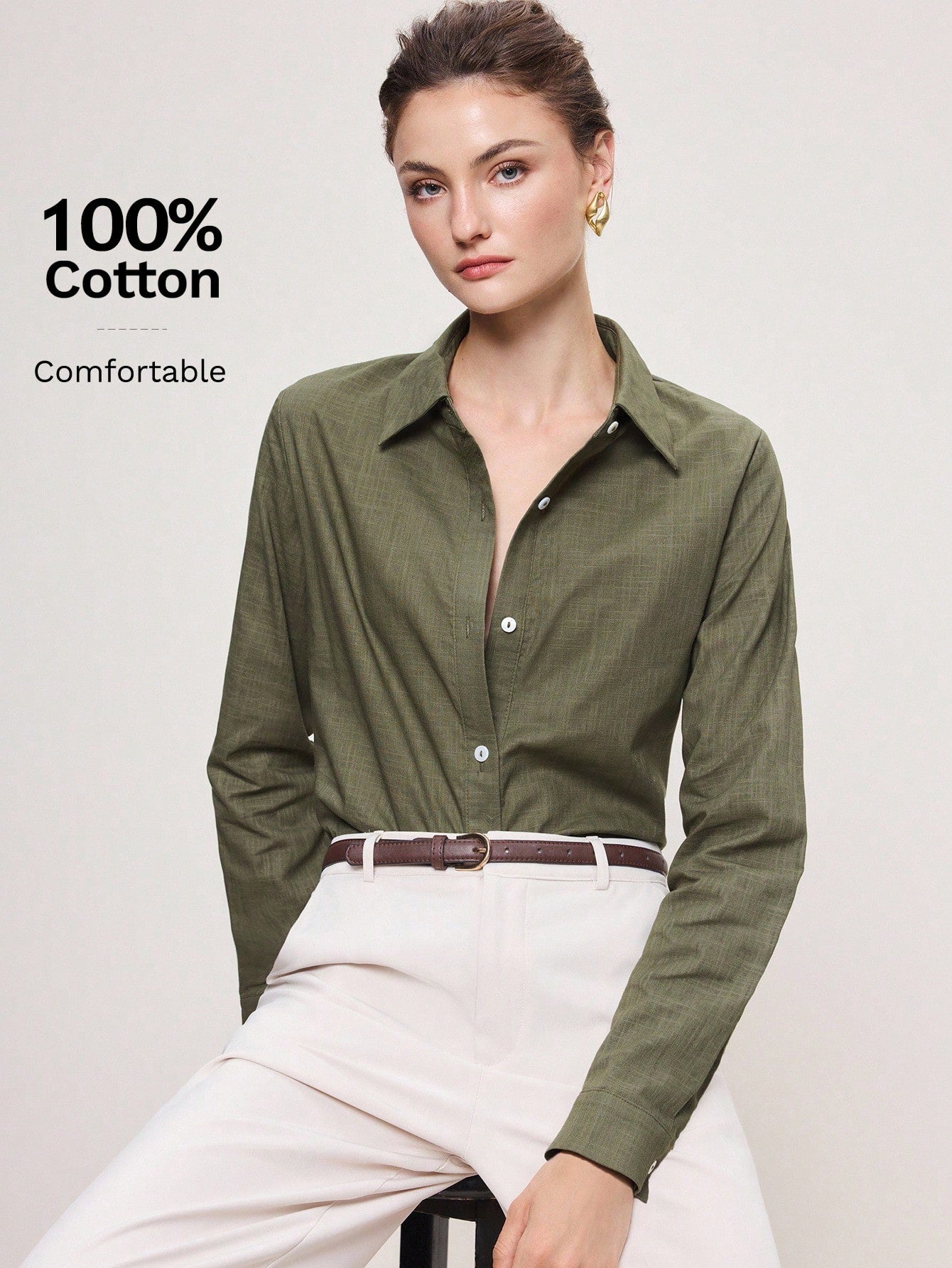 BizChic Bean Green Women's Shirt, Spring Lapel Front Opening Single-Breasted Button Long Sleeve, Professional Crisp Style, Wear Alone Or Layered, Elegant Minimalist Casual Commute Date Daily Vacation