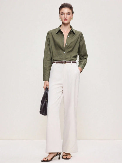 BizChic Bean Green Women's Shirt, Spring Lapel Front Opening Single-Breasted Button Long Sleeve, Professional Crisp Style, Wear Alone Or Layered, Elegant Minimalist Casual Commute Date Daily Vacation