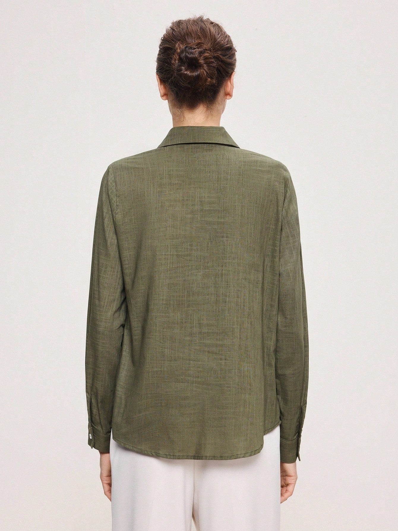 BizChic Bean Green Women's Shirt, Spring Lapel Front Opening Single-Breasted Button Long Sleeve, Professional Crisp Style, Wear Alone Or Layered, Elegant Minimalist Casual Commute Date Daily Vacation