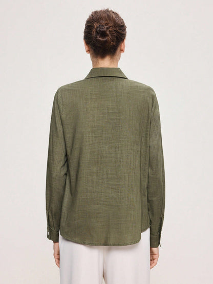 BizChic Bean Green Women's Shirt, Spring Lapel Front Opening Single-Breasted Button Long Sleeve, Professional Crisp Style, Wear Alone Or Layered, Elegant Minimalist Casual Commute Date Daily Vacation