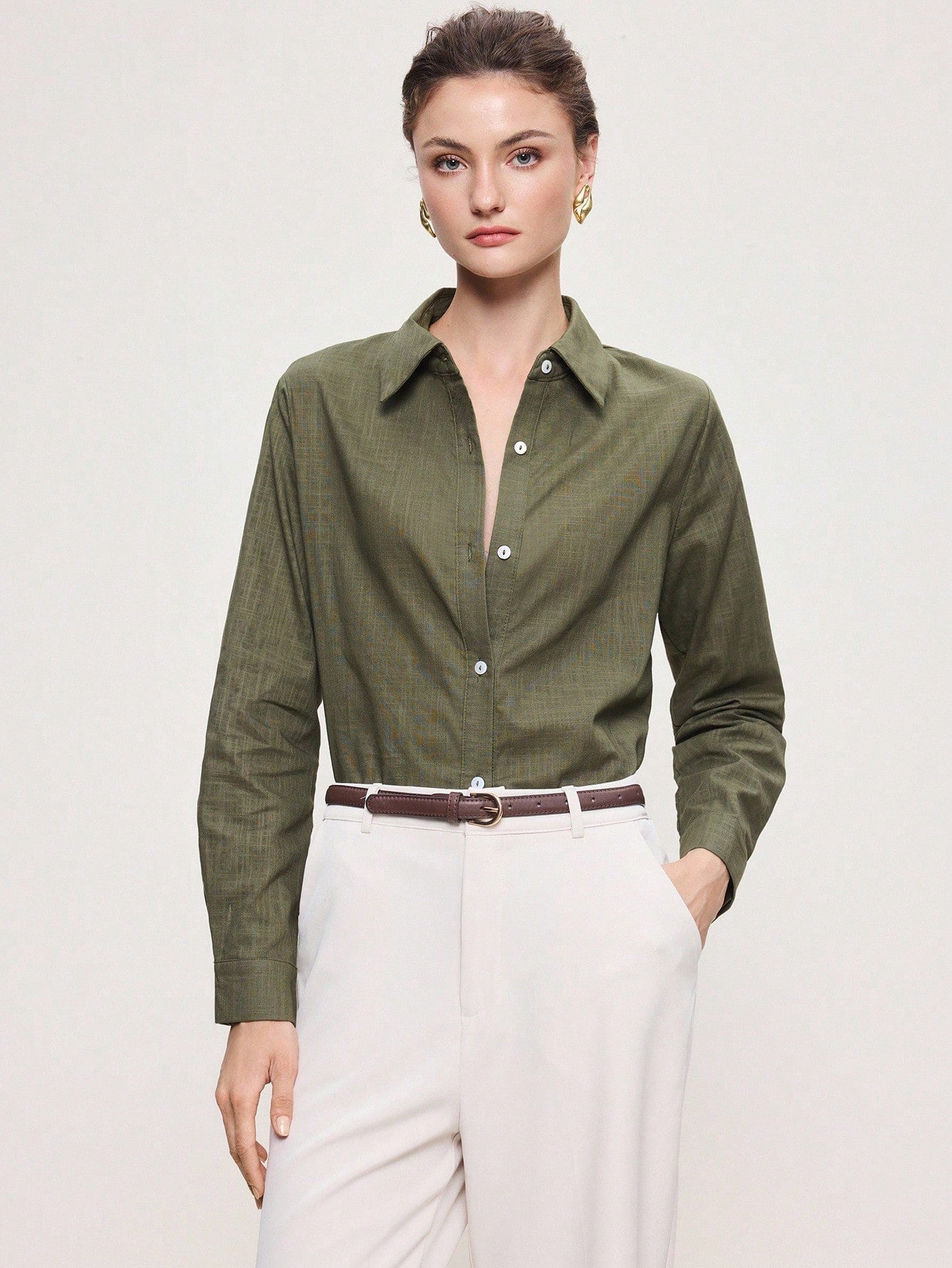 BizChic Bean Green Women's Shirt, Spring Lapel Front Opening Single-Breasted Button Long Sleeve, Professional Crisp Style, Wear Alone Or Layered, Elegant Minimalist Casual Commute Date Daily Vacation
