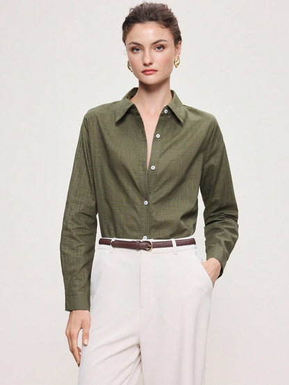 BizChic Bean Green Women's Shirt, Spring Lapel Front Opening Single-Breasted Button Long Sleeve, Professional Crisp Style, Wear Alone Or Layered, Elegant Minimalist Casual Commute Date Daily Vacation