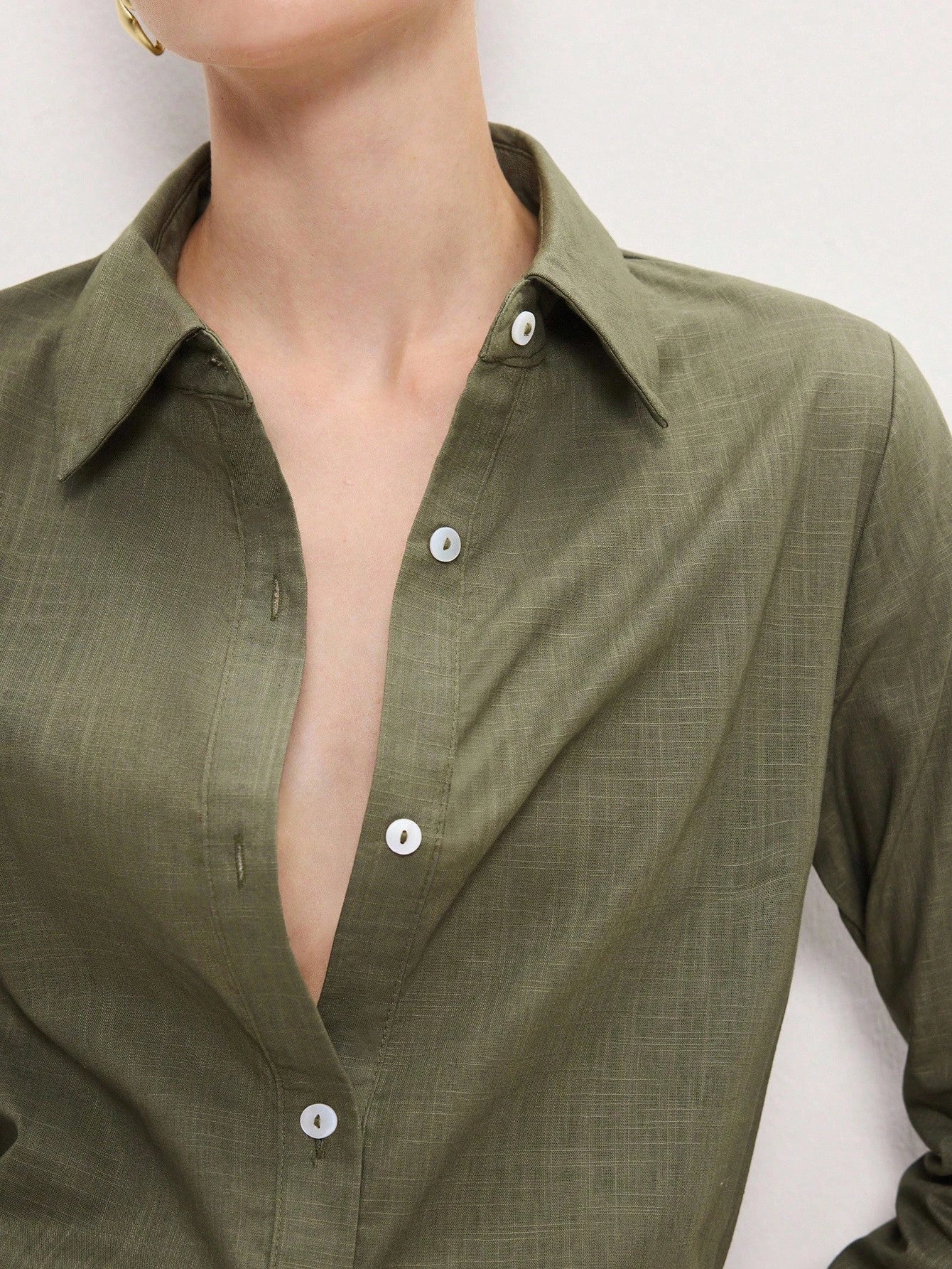 BizChic Bean Green Women's Shirt, Spring Lapel Front Opening Single-Breasted Button Long Sleeve, Professional Crisp Style, Wear Alone Or Layered, Elegant Minimalist Casual Commute Date Daily Vacation